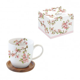 kubek porcelanowy z drewnianą podstawką Sakura